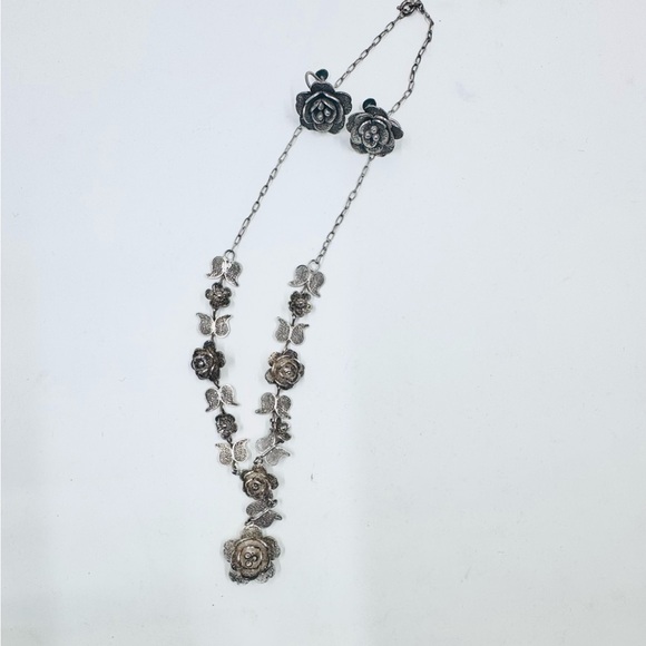Jewelry - Rare ANTIQUE FILIGREE ROSE BLOSSOM STERING SILVER Necklace & Earrings Set